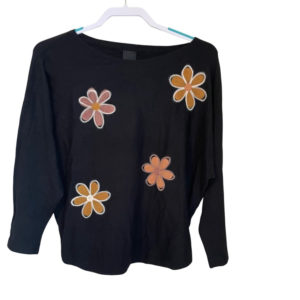 Aaeda Black Floral Felted Applique Dolman Sleeve Knit Sweater Top Size M NWT